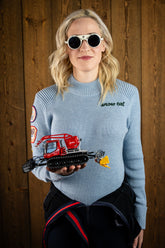 "Snow Cat" Embroidered and Decorated Rib Sweater Color: Cornice Blue
