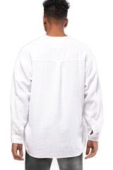 Linen Mandarin Neck Half Button Long Sleeve Shirt White