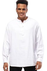 Linen Mandarin Neck Half Button Long Sleeve Shirt White