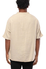 Linen Mandarin Neck Half Button Two Chest Pockets Shirt Beige