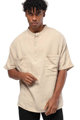 Linen Mandarin Neck Half Button Two Chest Pockets Shirt Beige