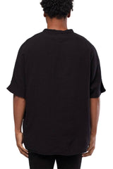 Linen Mandarin Half Neck Button Two Chest Pocket Shirt Black
