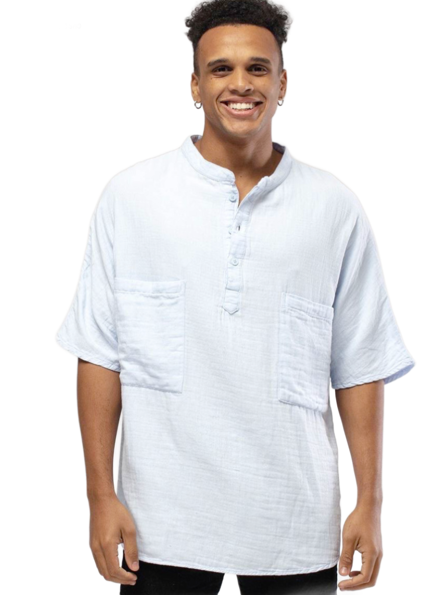 Linen Mandarin Half Neck Button Two Chest Pocket Shirt Blue