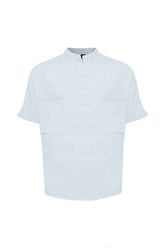 Linen Mandarin Half Neck Button Two Chest Pocket Shirt Blue