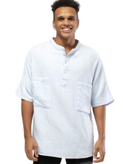 Linen Mandarin Half Neck Button Two Chest Pocket Shirt Blue