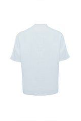 Linen Mandarin Half Neck Button Two Chest Pocket Shirt Blue