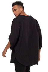 Bohemian Round Neck Bell Sleeve Linen Shirt Black