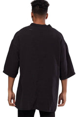 Linen Mandarin Neck Half Button Short Sleeve Shirt Black