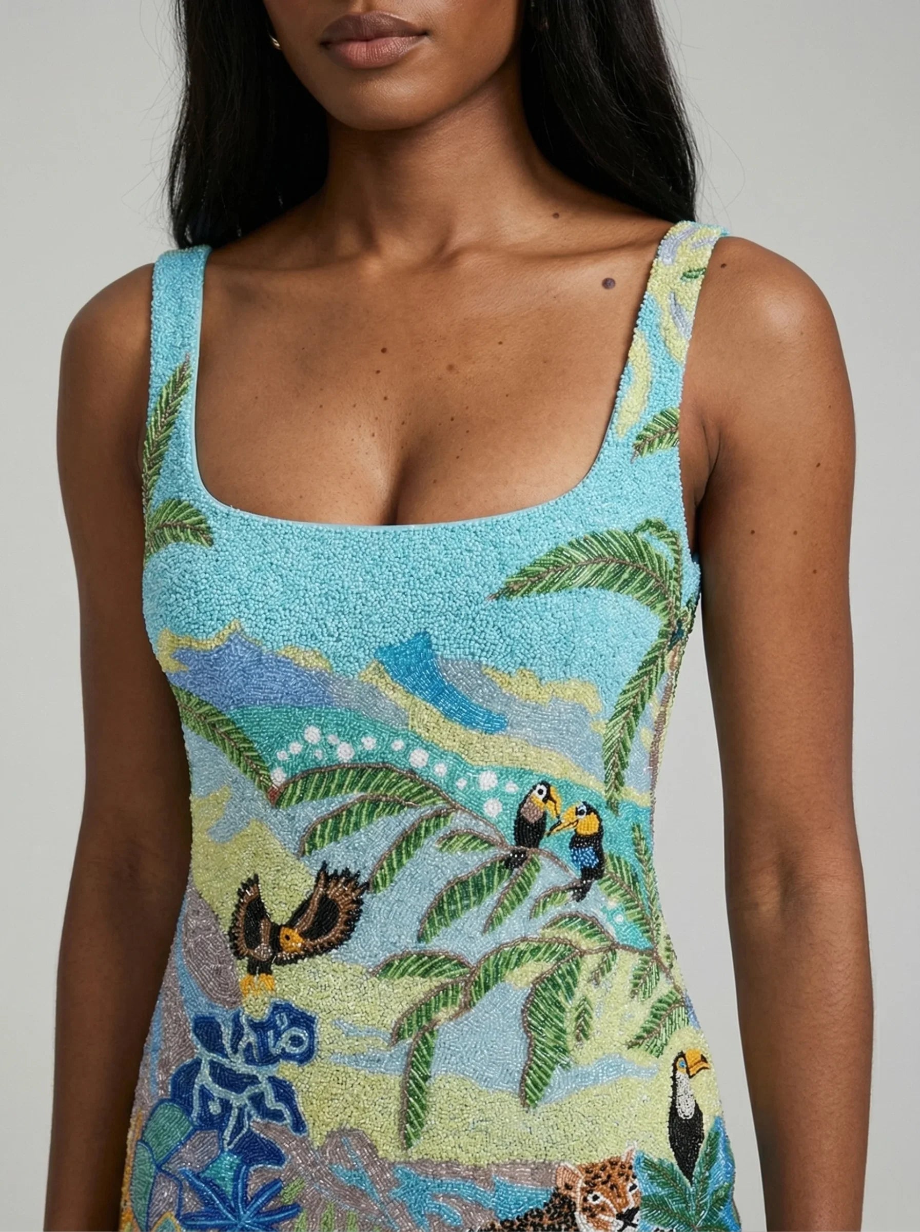 Paradise Safari Beaded Mini Dress – Blue
