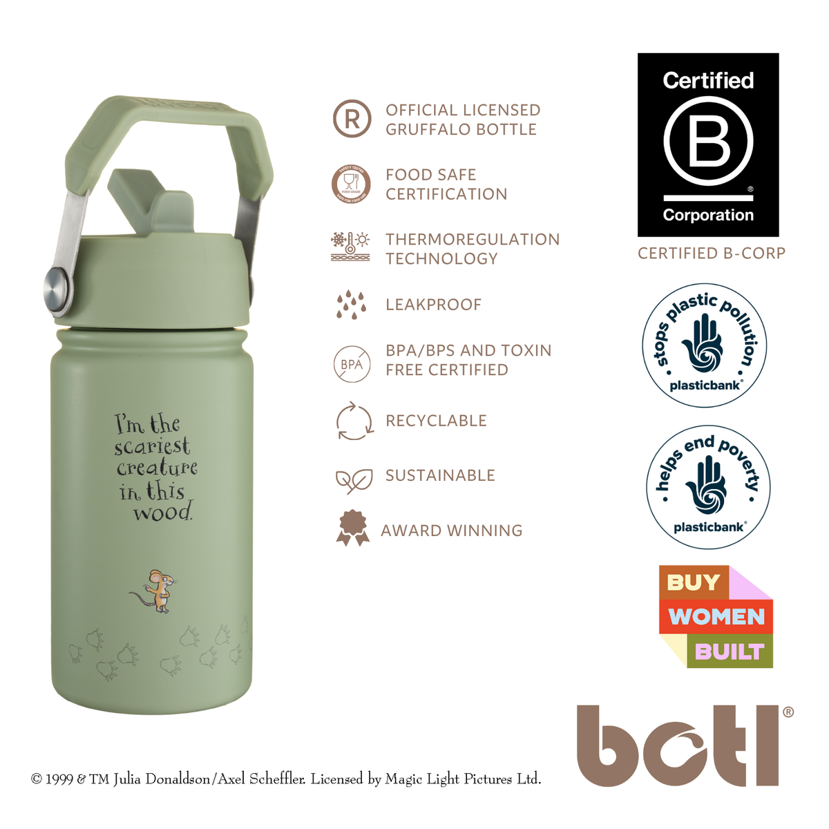 400ml Epic Gruffalo Stainless Steel Kids Water Bottle | Green | BOTL