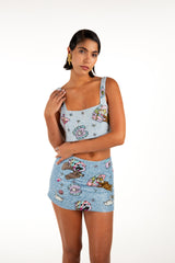 Vegas Embroidered Co-Ord Top– Blue Sparkle