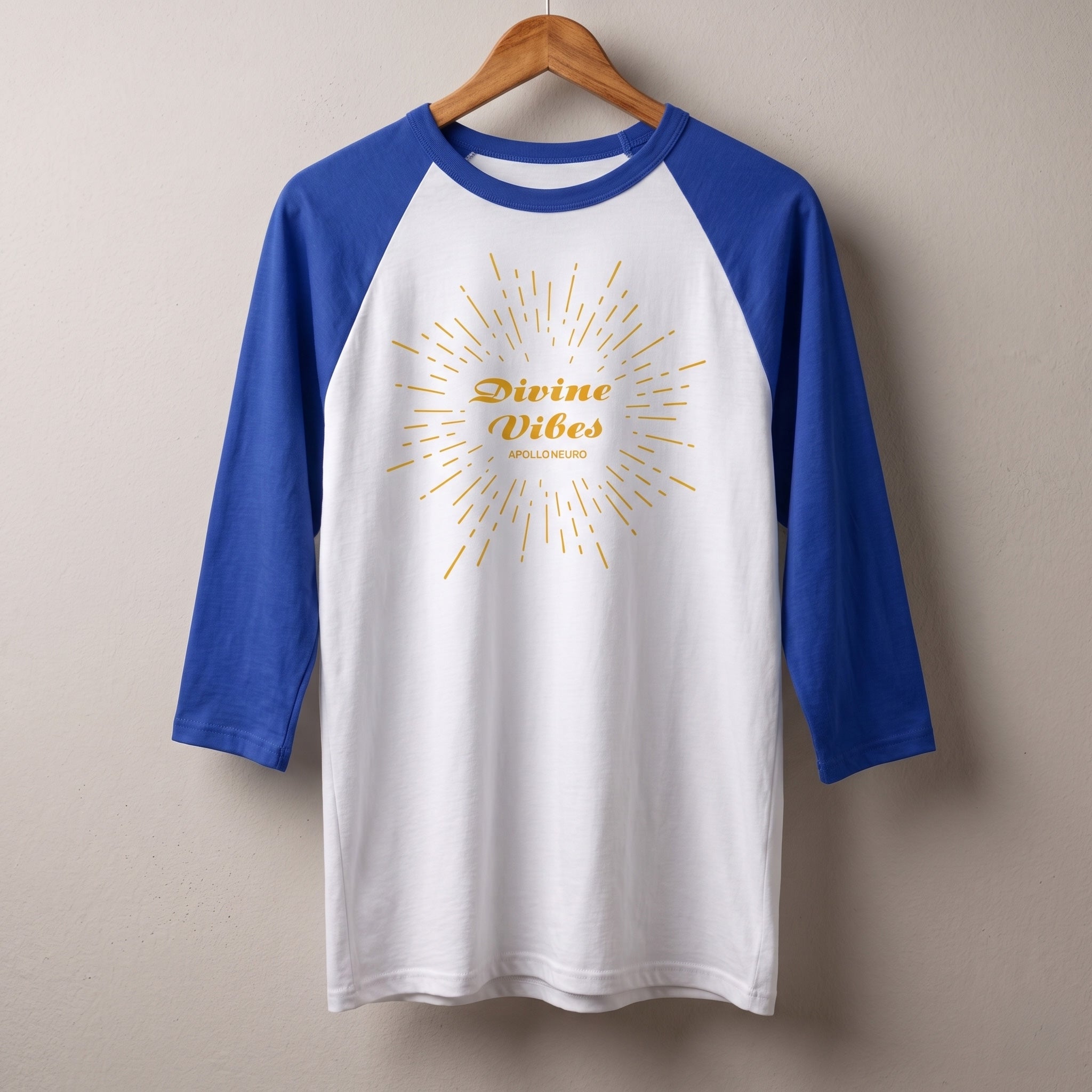 Divine Vibes Raglan Shirt — Gold Sunburst 3/4 Sleeve Baseball Tee