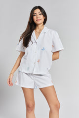 Telopea Embroidered Ethical-Cotton Pyjama Shirt - Glacier White
