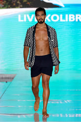 Crochet Button-Up Shirt | Organic Cashmere Cotton Blend | Navy & White