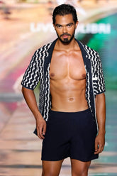 Crochet Button-Up Shirt | Organic Cashmere Cotton Blend | Navy & White