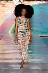 Hand-Woven Crochet Dress With Gold Beads | Cream