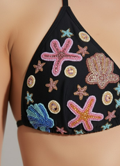 Marissa Hand Embroidered Luxe Bikini Top Black in Stock