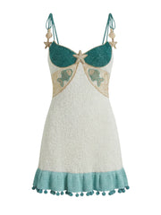 White Green Starfish Beaded Mini Dress