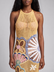 Pearl Halter Crochet Maxi Dress Multi Coloured