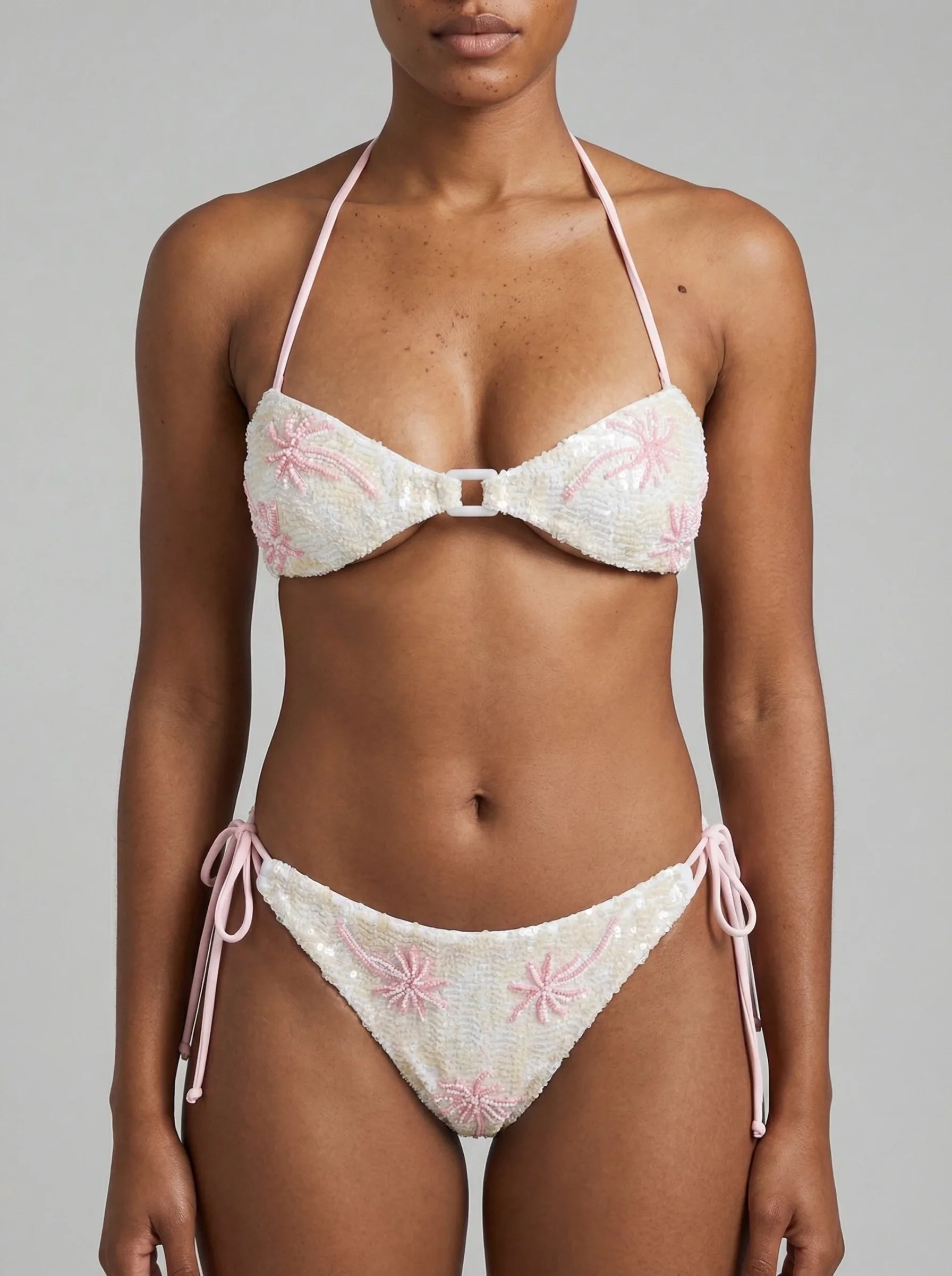 Pink Palm Whisper Ivory Bikini Bottom