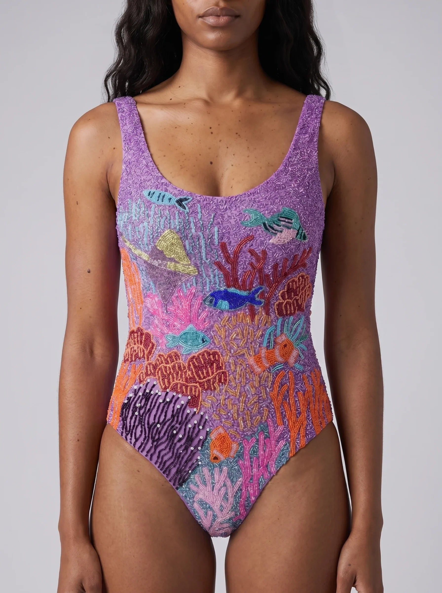 Lilac Coastal Fish Beaded Swimsuit in Stock