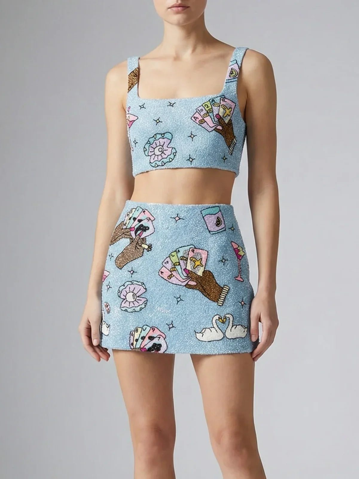 Vegas Embroidered Co-Ord Top– Blue Sparkle