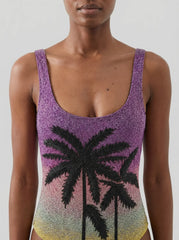 Palm Dusk Scoop Swimsuit Black Palm Tree - Purple Ombre