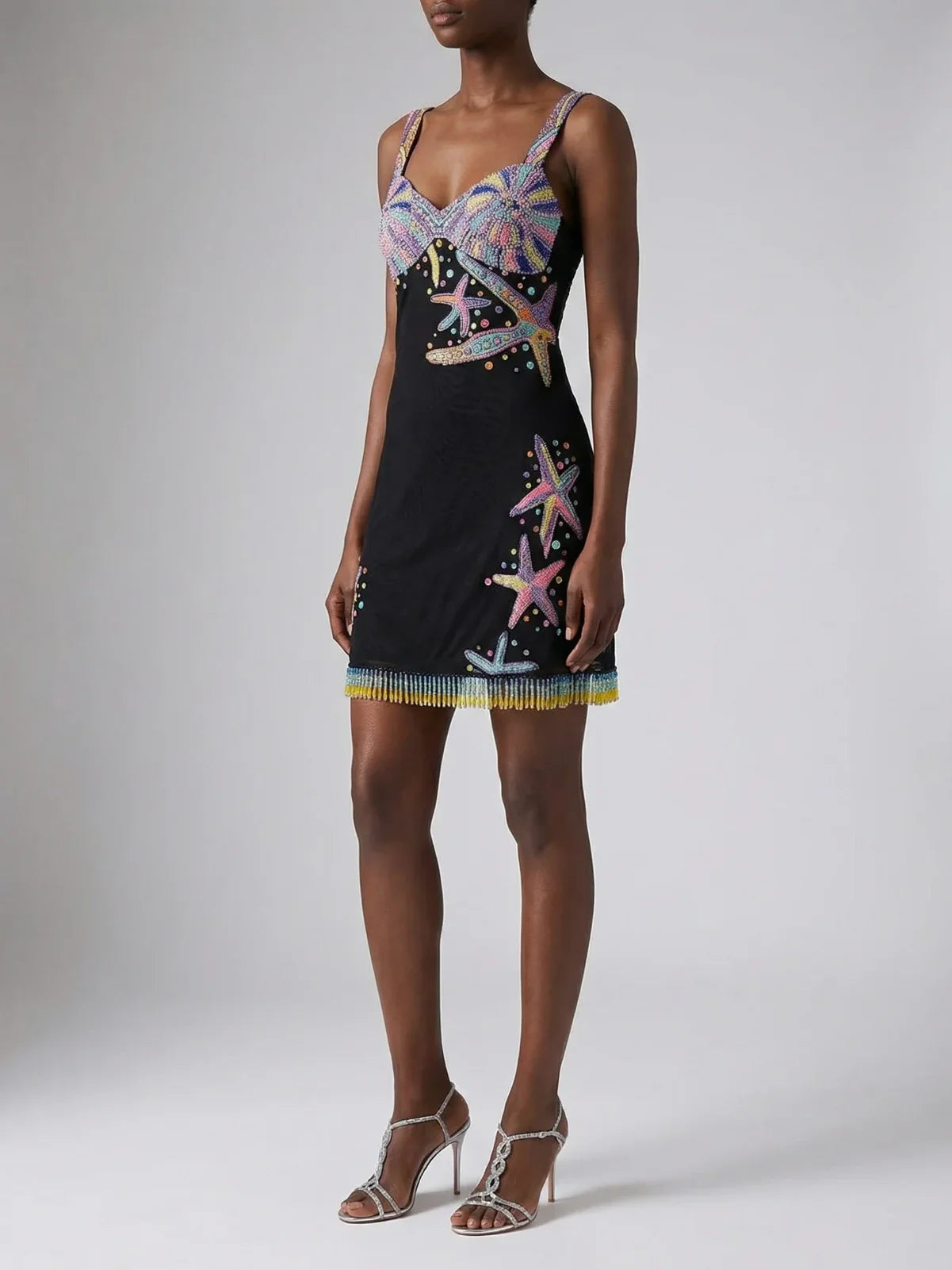 Tasseled Crescent Shell Mini Dress - Black in Stock