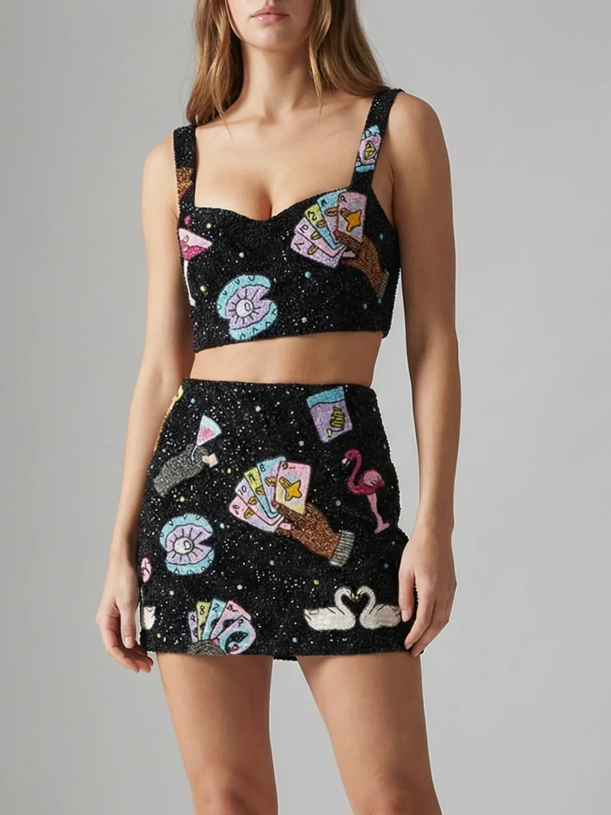 Vegas Beaded Mini Black Party Beach Co-Ord Top