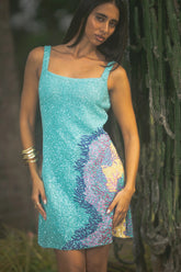 Adeline Coral Hand Beaded Mini Dress Blue