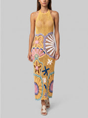 Pearl Halter Crochet Maxi Dress Multi Coloured