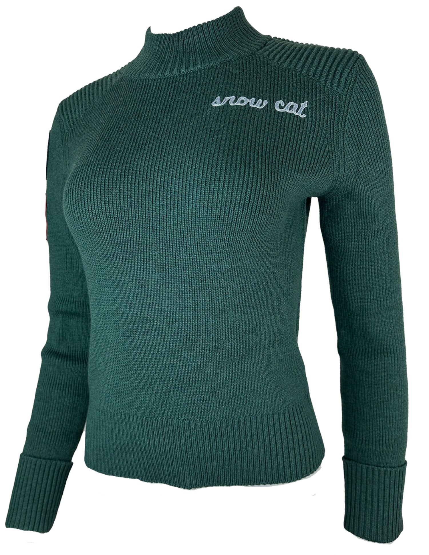 "Snow Cat" Embroidered and Decorated Rib Sweater Color: Spruce Green