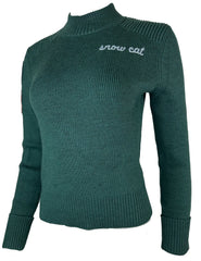 "Snow Cat" Embroidered and Decorated Rib Sweater Color: Spruce Green