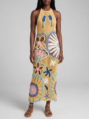 Pearl Halter Crochet Maxi Dress Multi Coloured