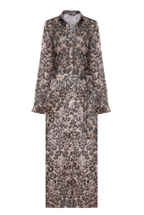 Silk Button-Down Long Shirt Dress Animal Print