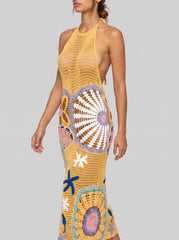 Pearl Halter Crochet Maxi Dress Multi Coloured