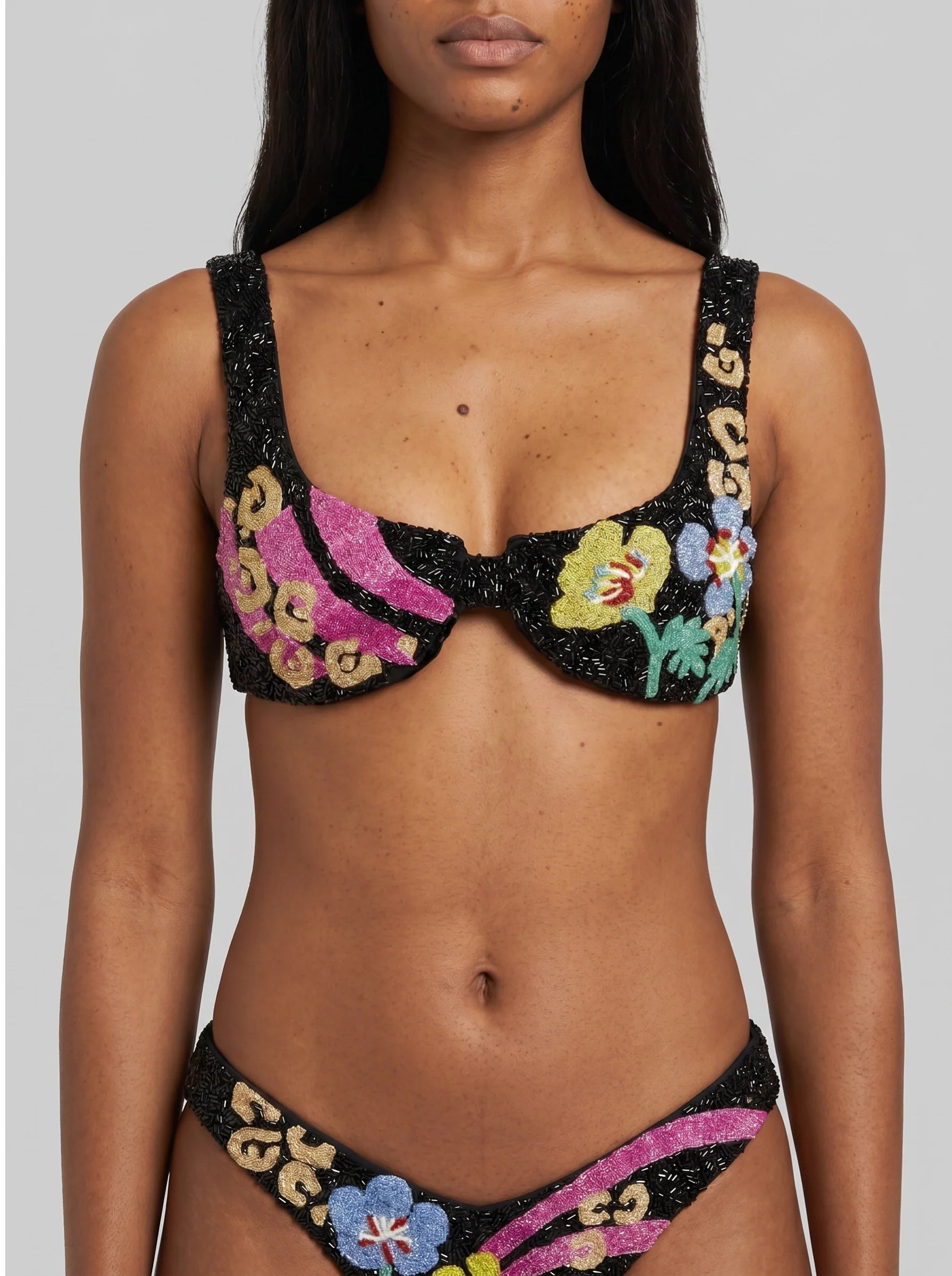 Colorful Flower Black Bikini Bottom in Stock