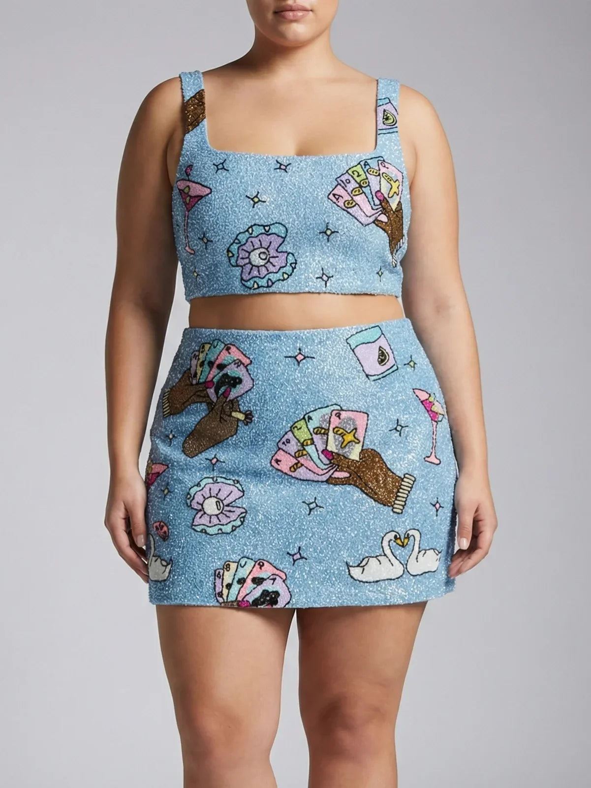 Vegas Embroidered Co-Ord Top– Blue Sparkle