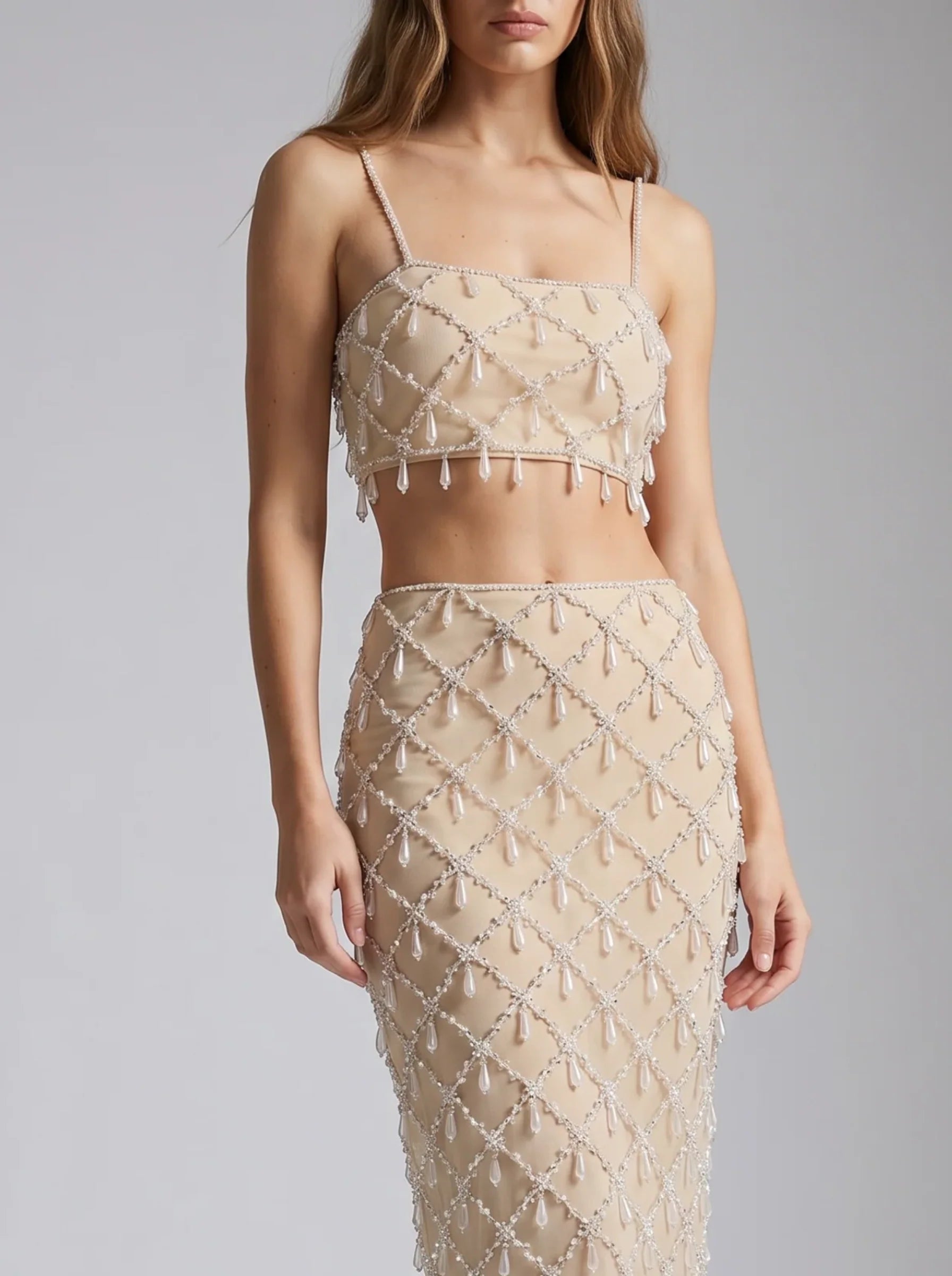 Calliope Luxury Crystal Co-Ord Skirt Nude