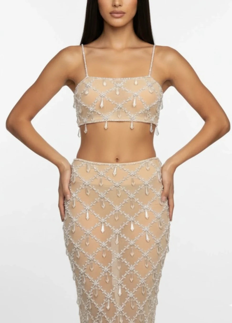 Calliope Luxury Crystal Co-Ord Skirt Nude