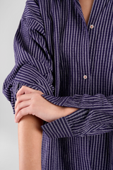 Yew Striped Ethical-Cotton Pyjama Shirt - Indigo Blue