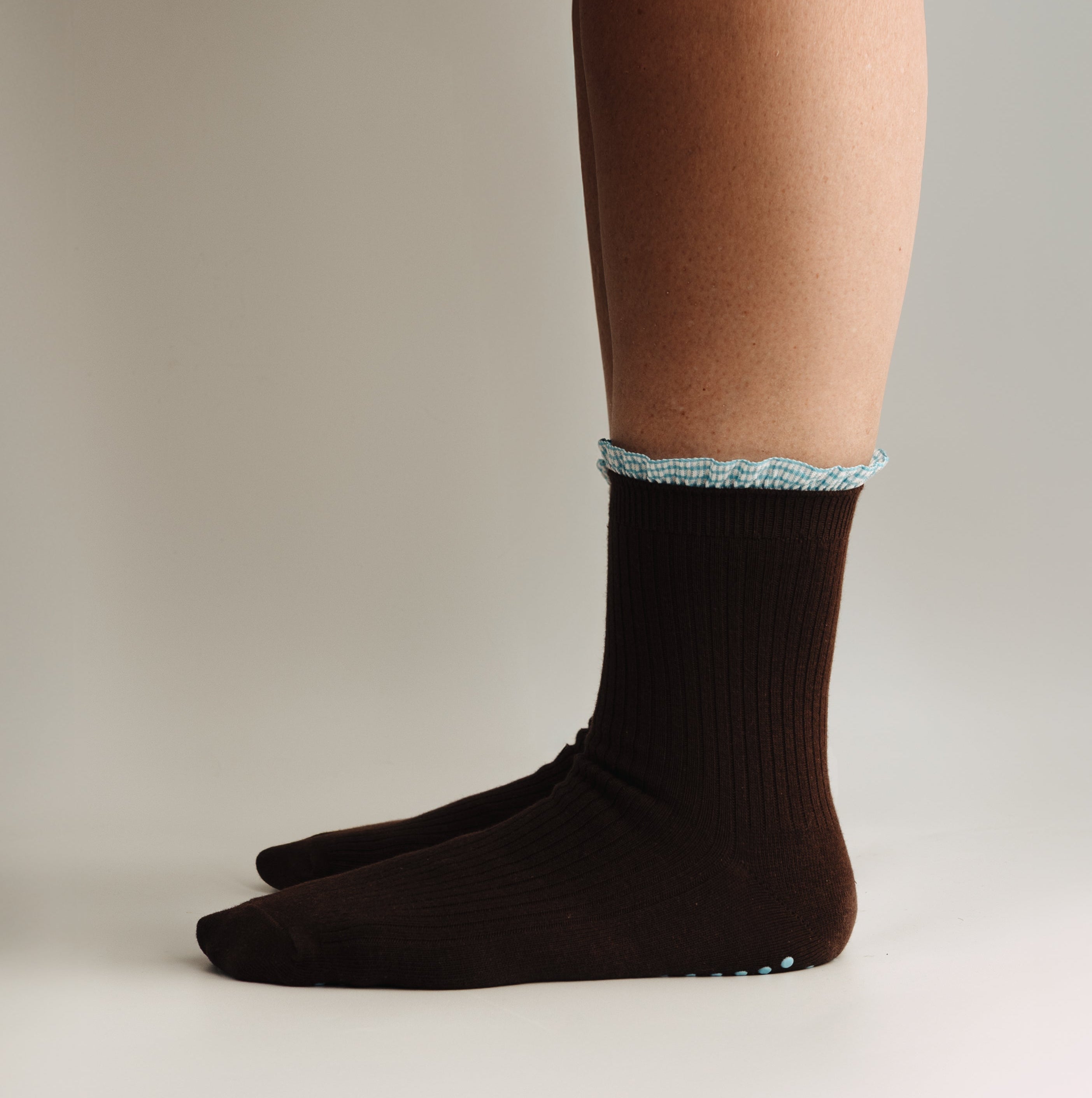 Brown Gingham Frill Grip Sock