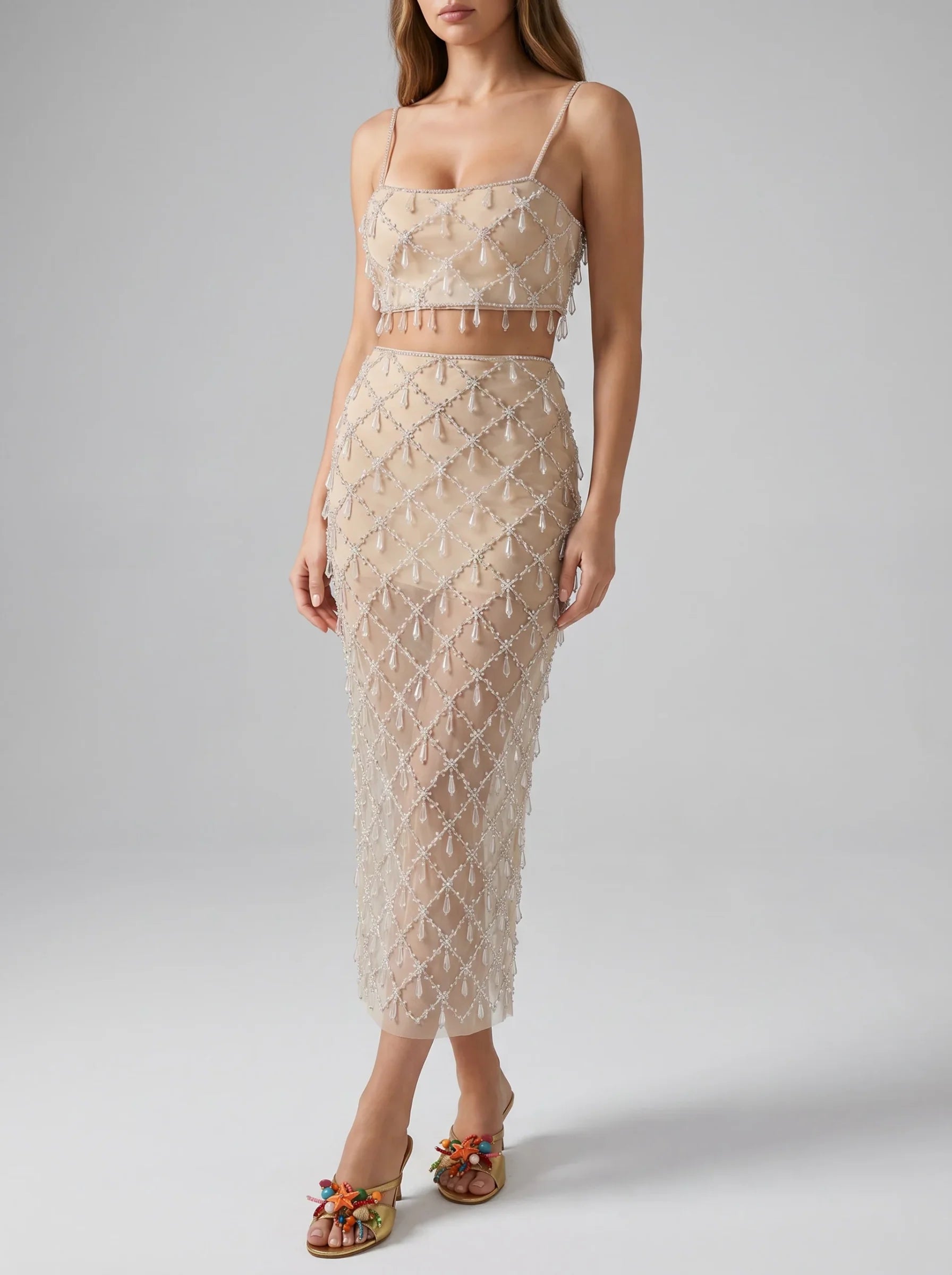 Calliope Luxury Crystal Co-Ord Skirt Nude