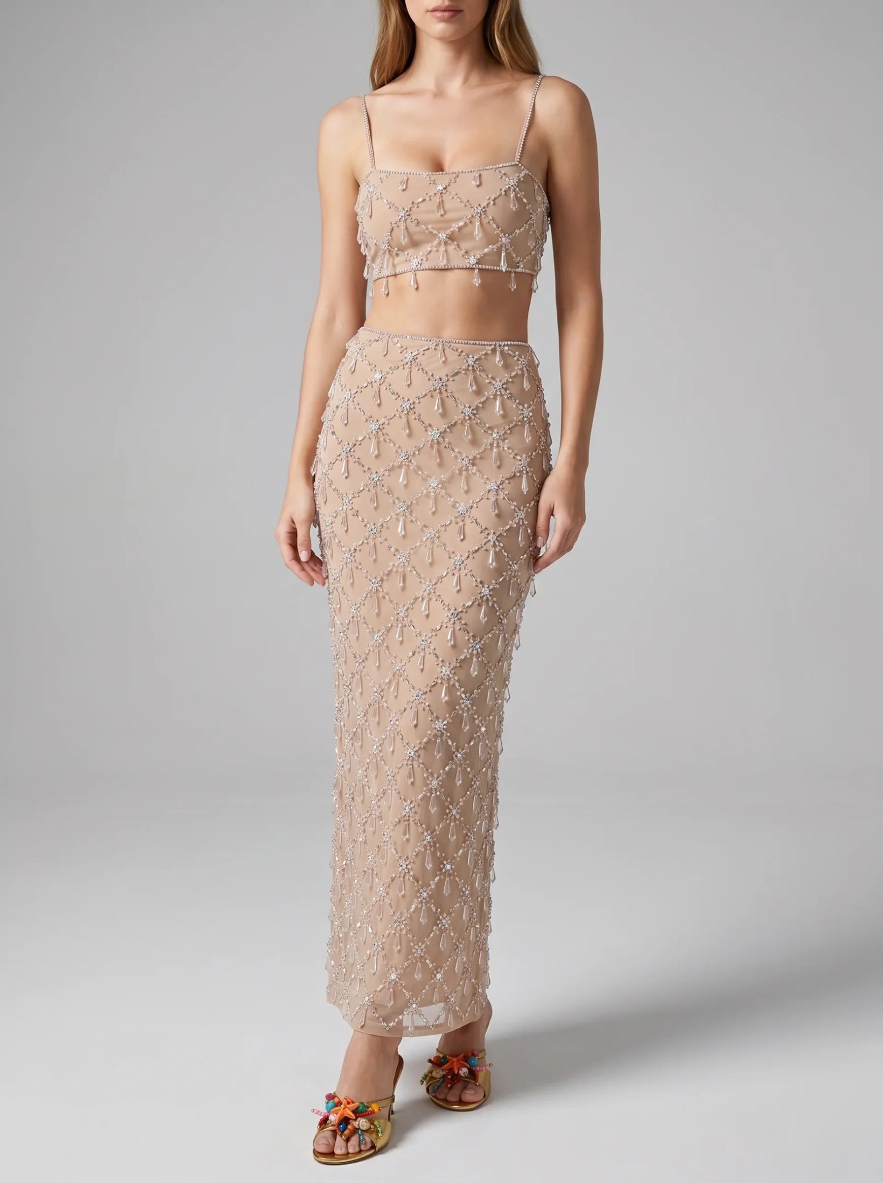 Calliope Luxury Crystal Co-Ord Skirt Nude