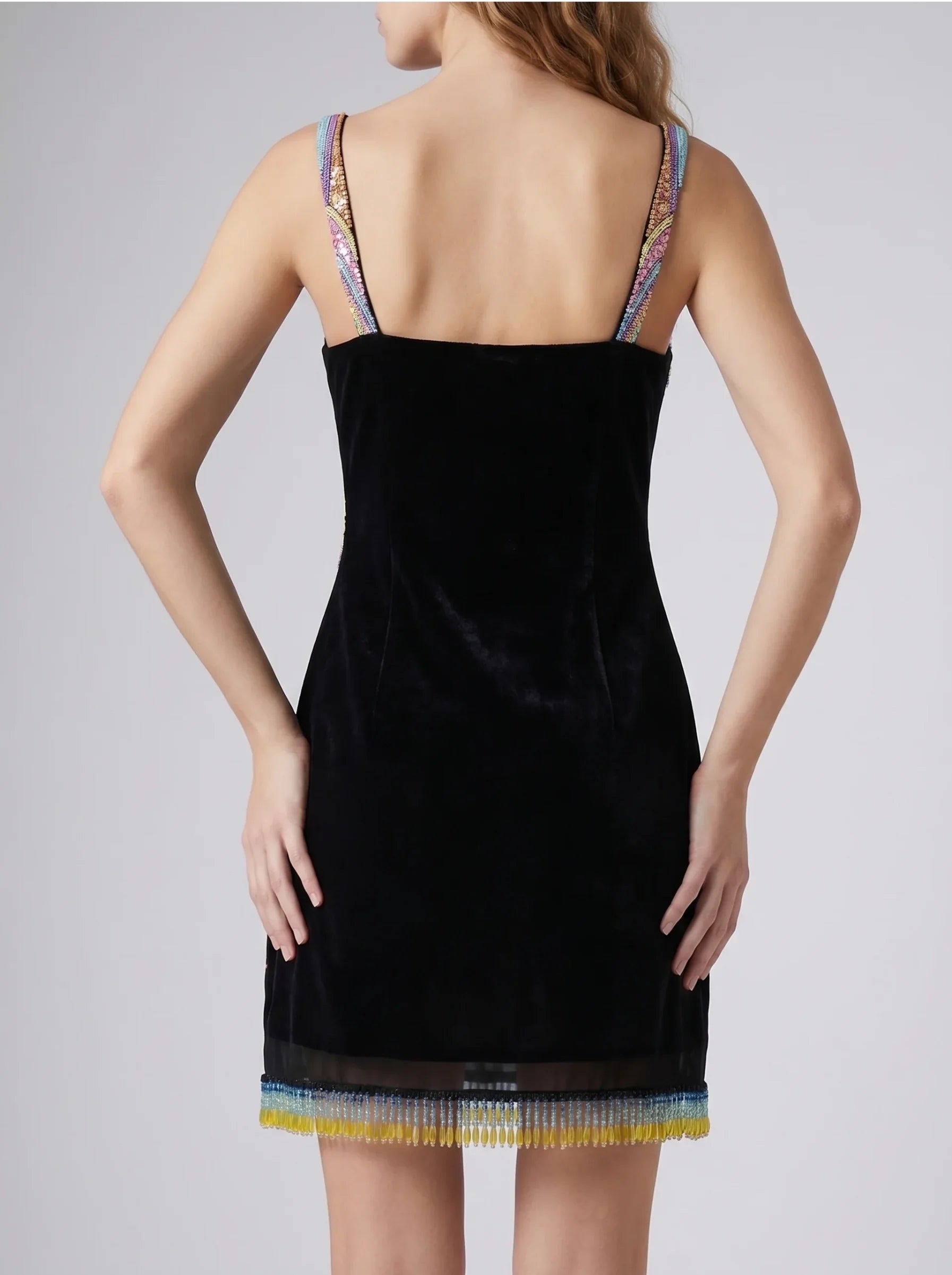 Tasseled Crescent Shell Mini Dress - Black in Stock