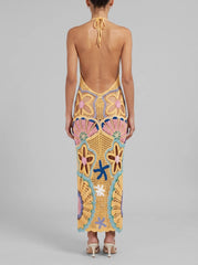 Pearl Halter Crochet Maxi Dress Multi Coloured