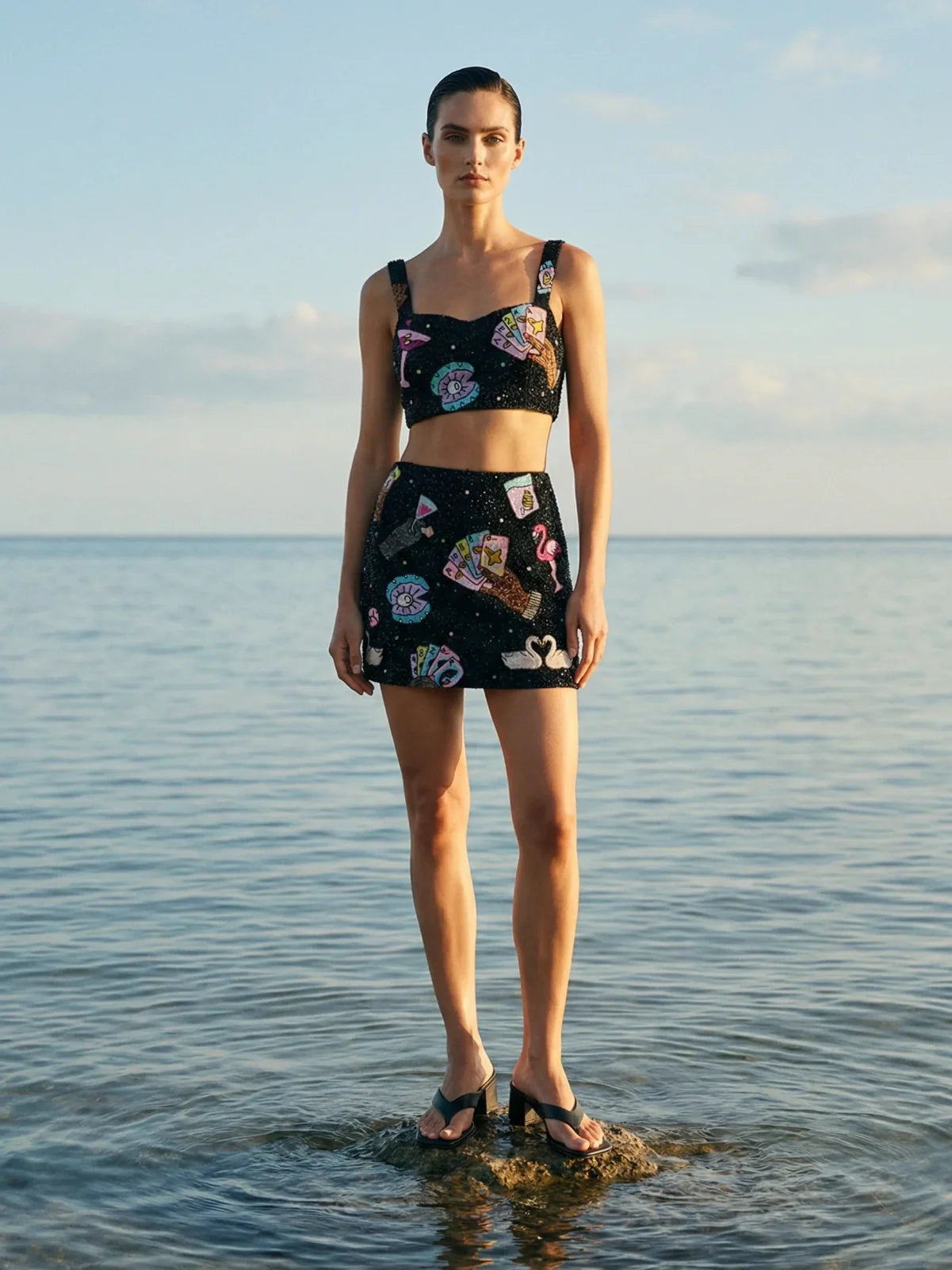 Vegas Beaded Mini Black Party Beach Co-Ord Top