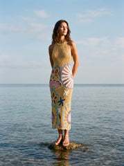 Pearl Halter Crochet Maxi Dress Multi Coloured
