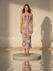 Pearl Halter Crochet Maxi Dress Multi Coloured