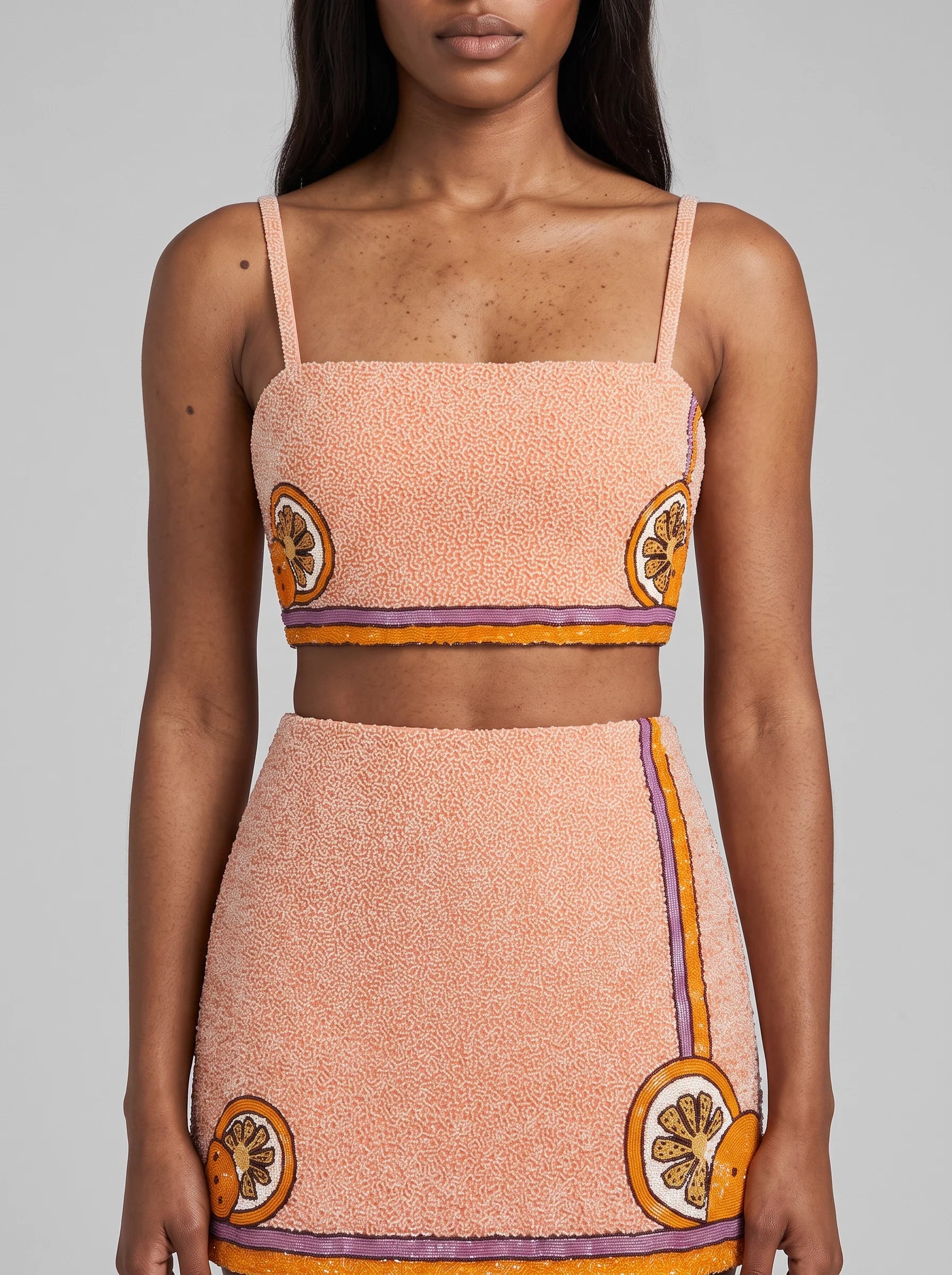 Melodie Co-Ord Hand Embroidered Crystal Top Peach